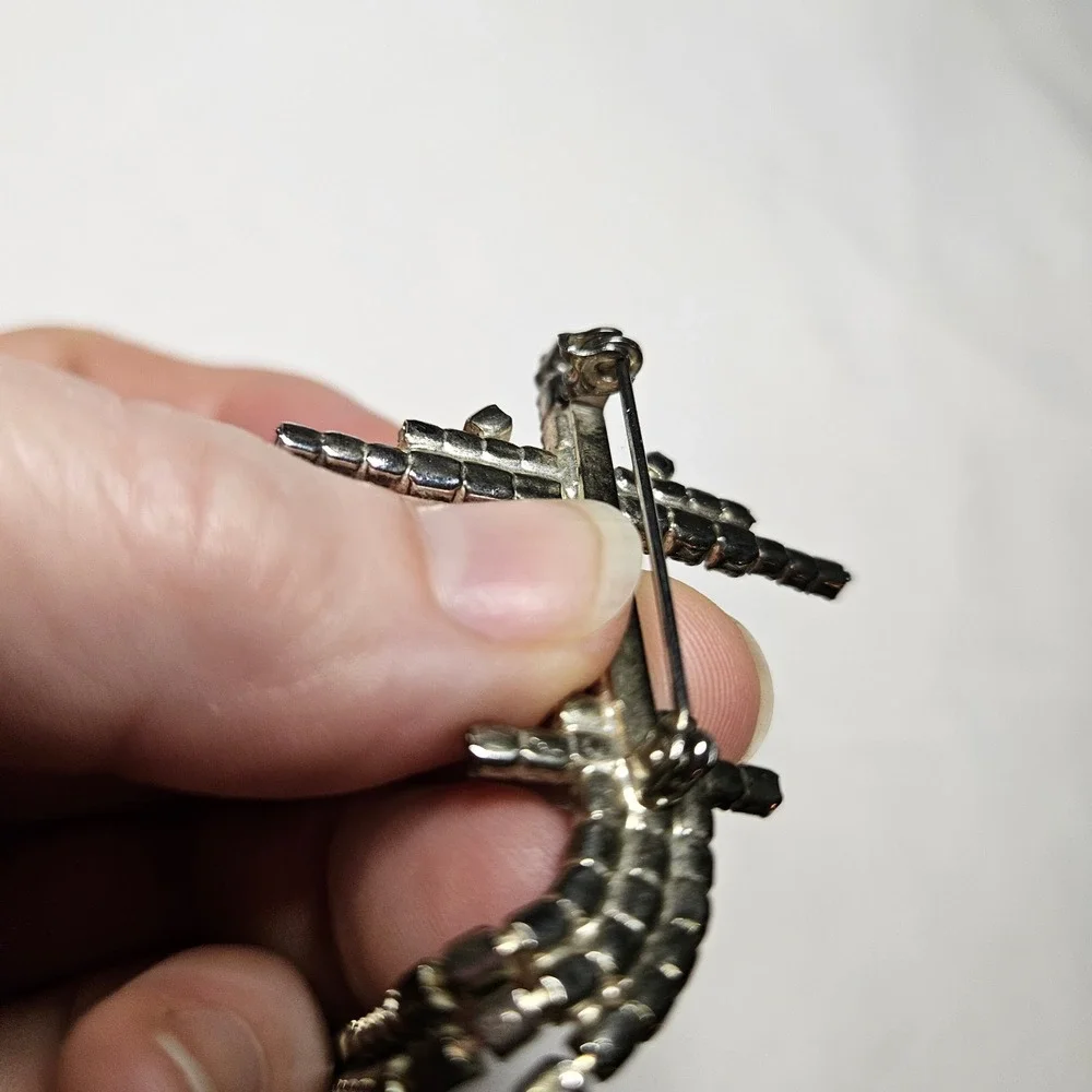 Vintage Rhinestone Airplane Brooch Silver Tone Dangle Charms MCM Retro Jewelry